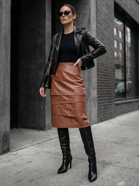 Vintage Genuine Leather Layered Skirt Red Brown 12/L
